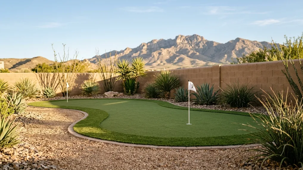 Backyard artificial putting green with a flag, surrounded by desert plants, gravel and a block wall, with mountains behind
